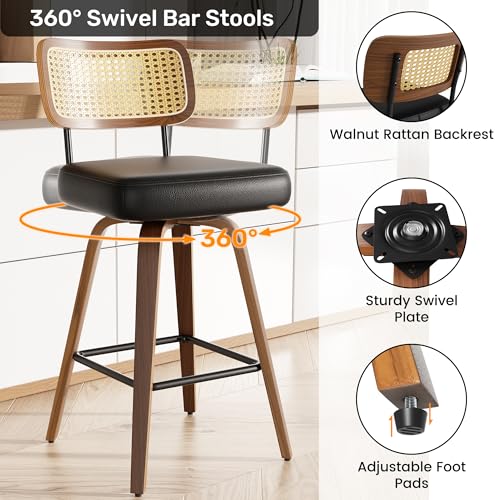 Image of Swivel Bar Stools Set of 5, 26 inch Upholstered Faux Leather Counter Height Barstools with Rattan Back & Bentwood Legs, Mid Century Modern Bar Chairs Island Stools for Kitchen Counter, Black