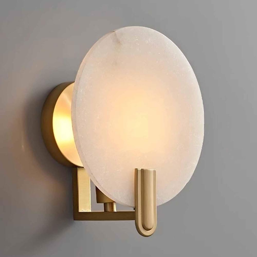 HAIDU E14 Light Source Natural Marble Wall Light, Modern Industrial Style Wall Lamp, 9in Round Alabaster Wall Sconce, Living Room Bedside Stairs Decorative Lighting Fixtures