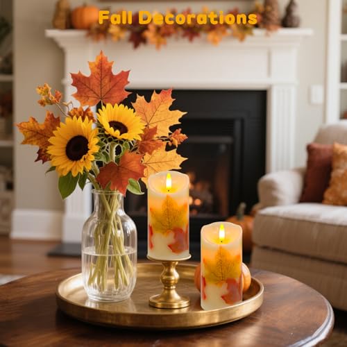 Image of Maple Leaves Flameless Candles Set of 2, Fall Candles with Remote & Timer