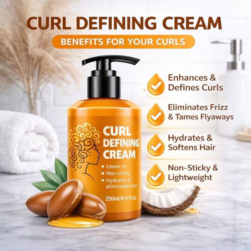 Image of Curl Defining Cream for Curly & Wavy Hair - Leave-In Styling Cream for Frizz Control, Soft Hold & Hydration | Curl Enhancing Cream with Argan Oil & Coconut Extract - Non-Sticky Formula - 250ml