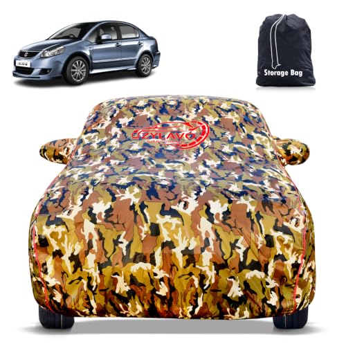 Image of Premium Car Cover for Maruti Suzuki SX4 Model | Waterproof, UV & Dust Protection | Mirror & Antenna Pocket | Triple Stitched, Soft Inner Lining, Belt & Buckle (Jungle Print)