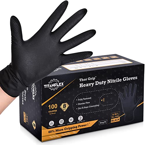 TITANflex Thor Grip Heavy Duty Black Industrial Nitrile Gloves, 8mil, XL, Box of 100, Gloves