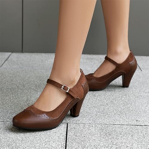 Image of Elerhythm Women's Mary Jane Classic and Retro 1920s Pump Heels Gatsby Oxford Pattern 1950s Pinup Vintage Round Closed Toe 1940s Ankle Strap Dress Shoes
