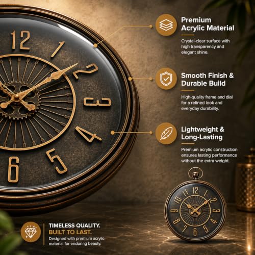 Image of ARMONIA Vintage Industrial Wall Clock 38 cm | Premium Acrylic Analog Clock | Dual Tone Antique Finish | Silent Quartz | Modern Home & Office Decor