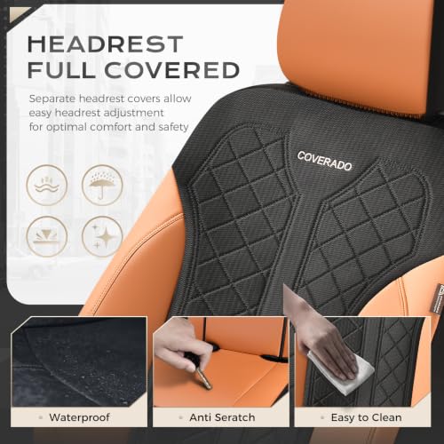 Image of Coverado Car Seat Covers Full Set, Waterproof Seat Covers, 5-Piece Brown Automotive Seat Covers, PU Leather & Breathable Mesh Seat Protectors, Universal Fit for SUVs, Trucks, Sedans