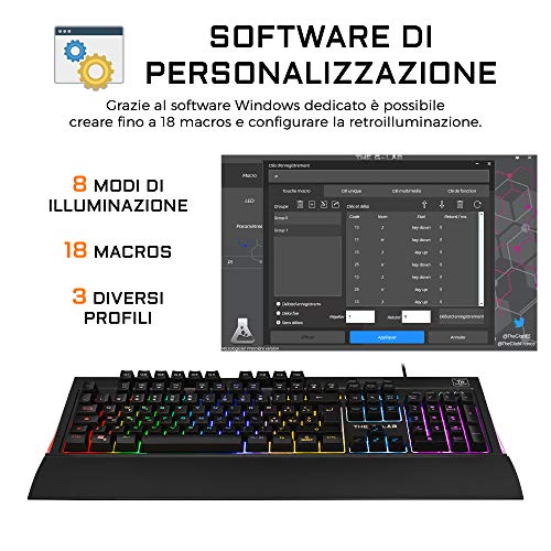 THE G-LAB Keyz TELLURIUM Tastiera da Gamer ITALIANA Cablata USB, Tastiera da Gioco con Retroilluminazione RGB Multicolore, Poggia Polsi Magnetico, 6 Tasti Macro, Anti-Ghosting, PC PS4 Xbox One