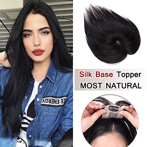 SEGO 100% Density Top Hair Pieces Silk Base Crown Topper Human Hair Clip in Hair Toppers Top Hairpieces for Women with Thinning Hair Gray Hair/Hair Loss #01 Jet Black 6 inches 15g