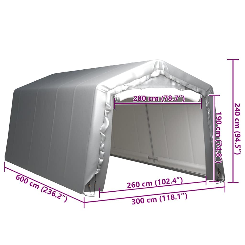 Tente de rangement 300 x 600 cm en polyéthylène et acier galvanisé, gris, résistante aux UV, avec 8 sangles d'arrimage et 4 ancrages tempêtes, pour abri de jardin, abri de jardin, outils et