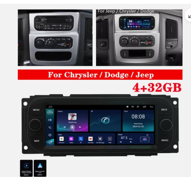 EUBUY 4G+64G Car Stereo Radio for Jeep Dodge Caravan Viper Grand Voyager 2000-2010 with Wireless CarPlay Android Auto, 6.86inch Android Touchscreen Car Radio with GPS Bluetooth WiFi Backup Camera