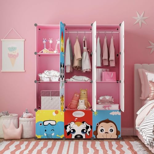Image of Sunderlook Plastic Wardrobe for Kids Clothes - Collapsible Wardrobe, DIY Foldable Baby Almirah for Clothes, Heavy Duty Freestanding Storage Baby Cupboard for Kids (Pink-HY, 12 Door)