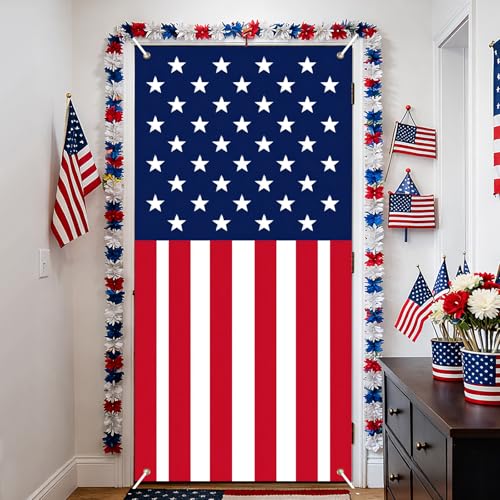 Image of BissYard American Flag Door Cover 71 x 35 Inches USA Flag Front Door Banner Patriotic Red White Blue Vertical Door Decoration for 4th of July Memorial Day Veterans Day