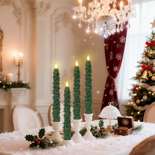 Image of Crystal Club Christmas Tree Flameless Taper Candles, Battery Powered Candles with 3D Flickering Flame Wick & Remote Timer, Real Wax LED Taper Candlesticks for Holiday Christmas Decor, Set of 4