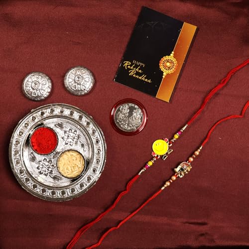 Image of Oblivion Elephant and Peacock Design Rakhi Set of 2 for Brother with Pooja Thali, Silver Colour Pooja Coin and Greeting Card for Raksha Bandhan