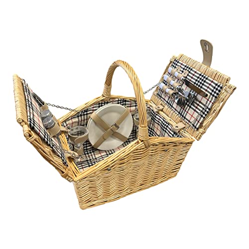 Arthur Cameron - Set di cestini da picnic in vimini, completamente attrezzato con 2 bicchieri da vino, piatti e set di posate, cestino da picnic per 2 persone, realizzato a mano in vimini naturale