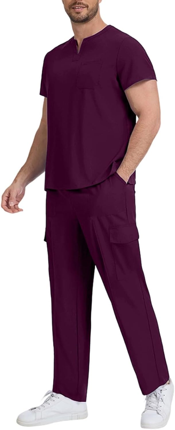 Cambkatl Scrubs for Men Sets - Stretch V-Neck Top Nursing Uniform Matching Cargo Pants Short Sleeve Workwear with Pockets