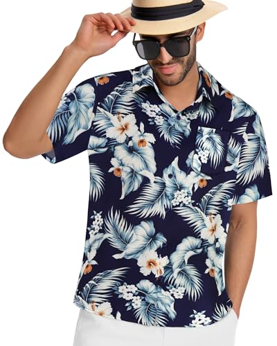 Image of Men Hawaiian Shirt Short Sleeve Summer Beach Button Down Shirts with Pocket