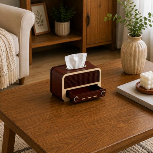 Image of Retro Wooden Tissue Box with Storage Drawer | Vintage Tissue Paper Holder for Home, Office & Car | Multipurpose Decorative Organizer Box
