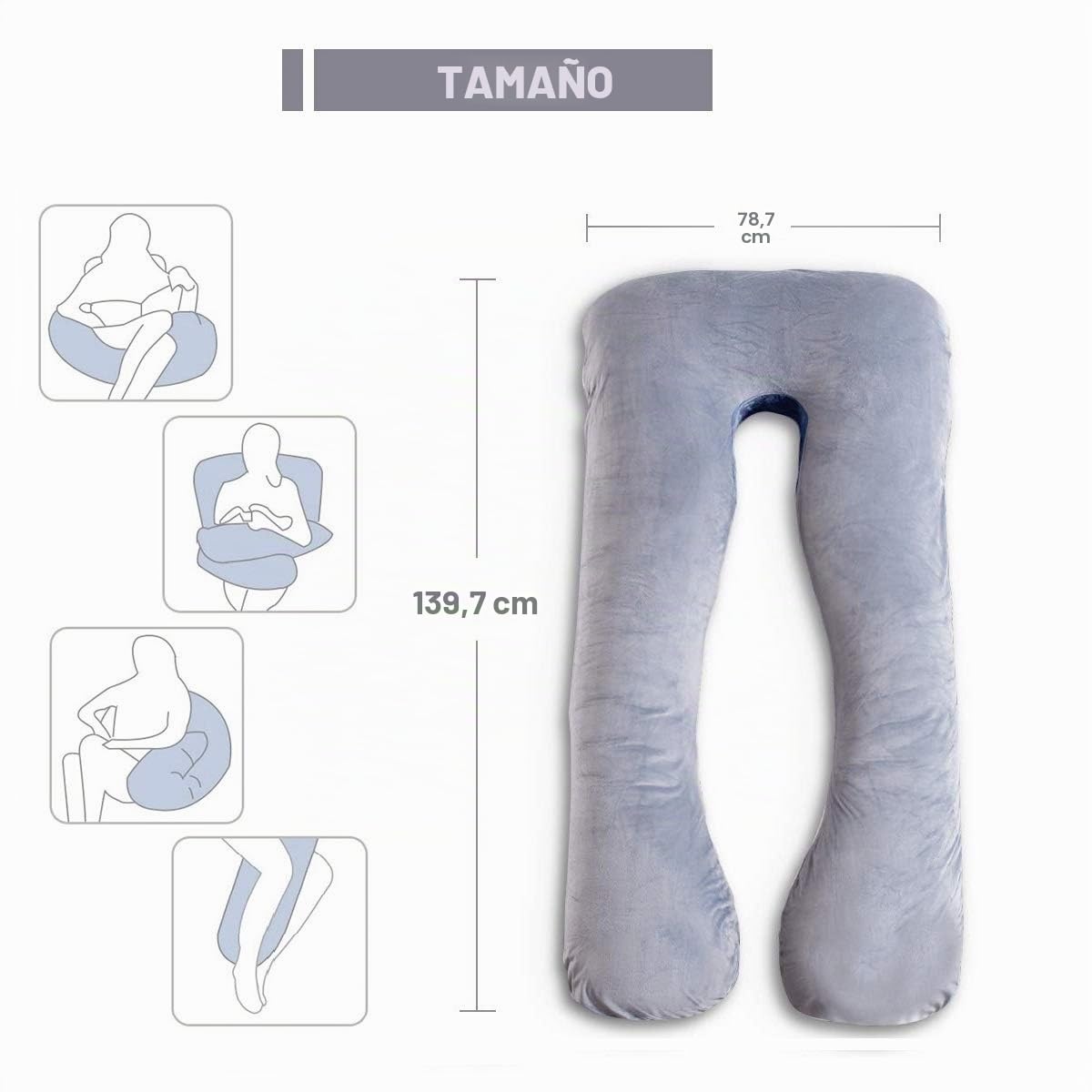 Almohada de Embarazo, Almohada de Cuerpo Completo en Forma de U, Almohada de Lactancia, Apoyo y Maternidad para Mujeres Embarazadas con Funda de Terciopelo extraíble (Gris)
