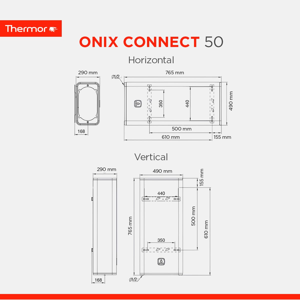 Thermor - Termo Eléctrico Onix Connect - Calentador de Agua Eléctrico Multiposición de 50L - 2250/1000W - Aislamiento Térmico - Conectividad WiFi - Fabricado para instalación en España