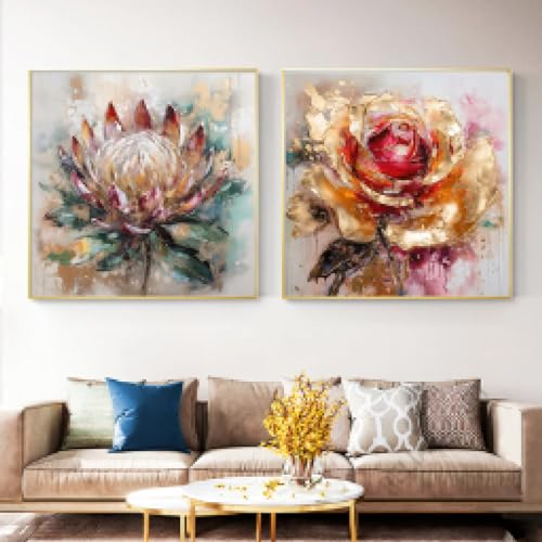 Décoration de salon moderne avec toile de roses dorées et blanches abstraites 50x50 cm