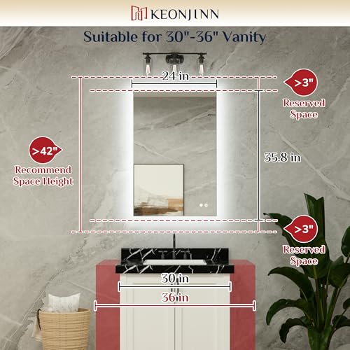 Keonjinn 24 x 36 Inch Backlit Mirror for Bathroom, Anti-Fog Led Mirror, CRI90+ HD Tempered Glass, Stepless Dimmable Lighted Mirror, High Lumen, UL Listed, Waterproof, Horizontal/Vertical - Image 3