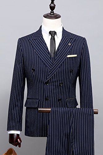 Mens 3 pcs Double Breasted Navy Blue with White Pinstriped 6 Buttons Slim Fit Suits Blazer Waistcoat Pants2