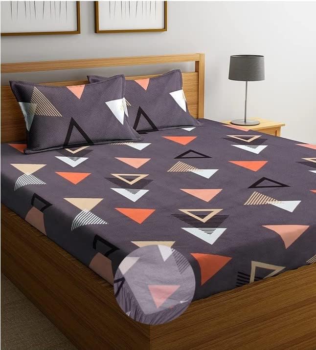 BSB Home Premium Cotton Elastic Fitted Geometric Bedsheets with 2 King Size Pillow Covers | Double Bed with All Around Elastic 180 TC Supersoft | (72"X78", Grey & Orange), 180-200 TC