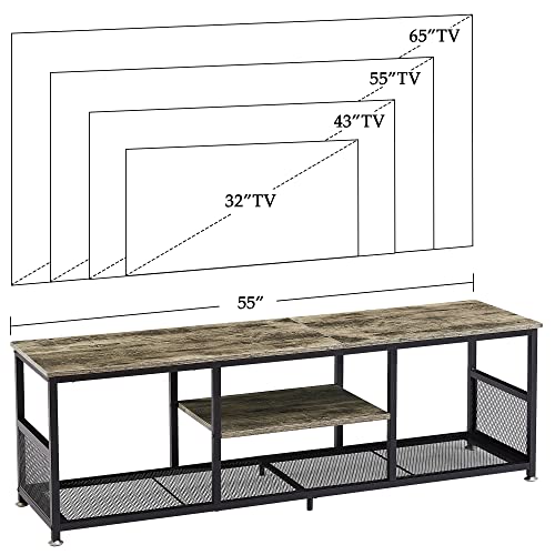 Vecelo Industrial Tv Stand For Televisions Up To 60 Inch, 55" Entertainment Center With Open Storage Shelves For Living Room/Bedroom, 3 Tiers Media Console Table With Metal Frame, Grey, 55 Inches #TOP6