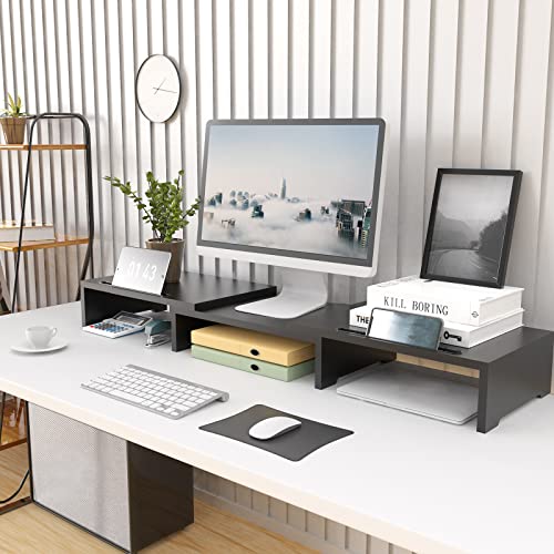 Image of WALI Dual Monitor Stand Riser, 3 Shelf Laptop and Computer Monitor Stand with Phone Holder, Length and Angle Adjustable Desk Organizer (PTT007T-B), Black | 3 Shelf Laptop and Computer Monitor Stand, Length and Angle Adjustable Desk Organizer (PTT007T-B), Black