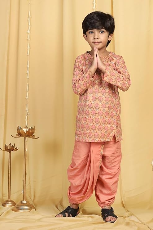 Image of AJ DEZINES Kids Cotton Printed Dhoti Kurta Set For Boys | Fashionable Bandhani Print Kurta | Stylish Boys Kurta Set | Perfect For Festivals Wedding & Family Function Wear