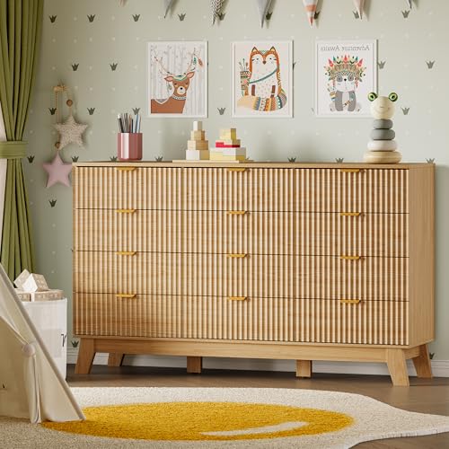 Image of BORNOON 57 inch Wide Dresser for Bedroom, 12-Drawer Fluted Dresser with Metal Handles, Wood Chest of Drawers with Smooth Slides and Stable Base, Modern Storage Cabinet for Living Room, Nursery