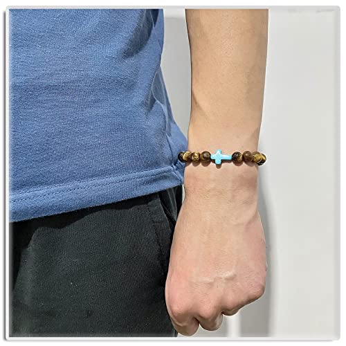 Image of Xusamss Fashion Religious Cross Bracelet 8mm Tiger Eye Turquoise Beads Elastic Bracelet,7 1 /2 wrist