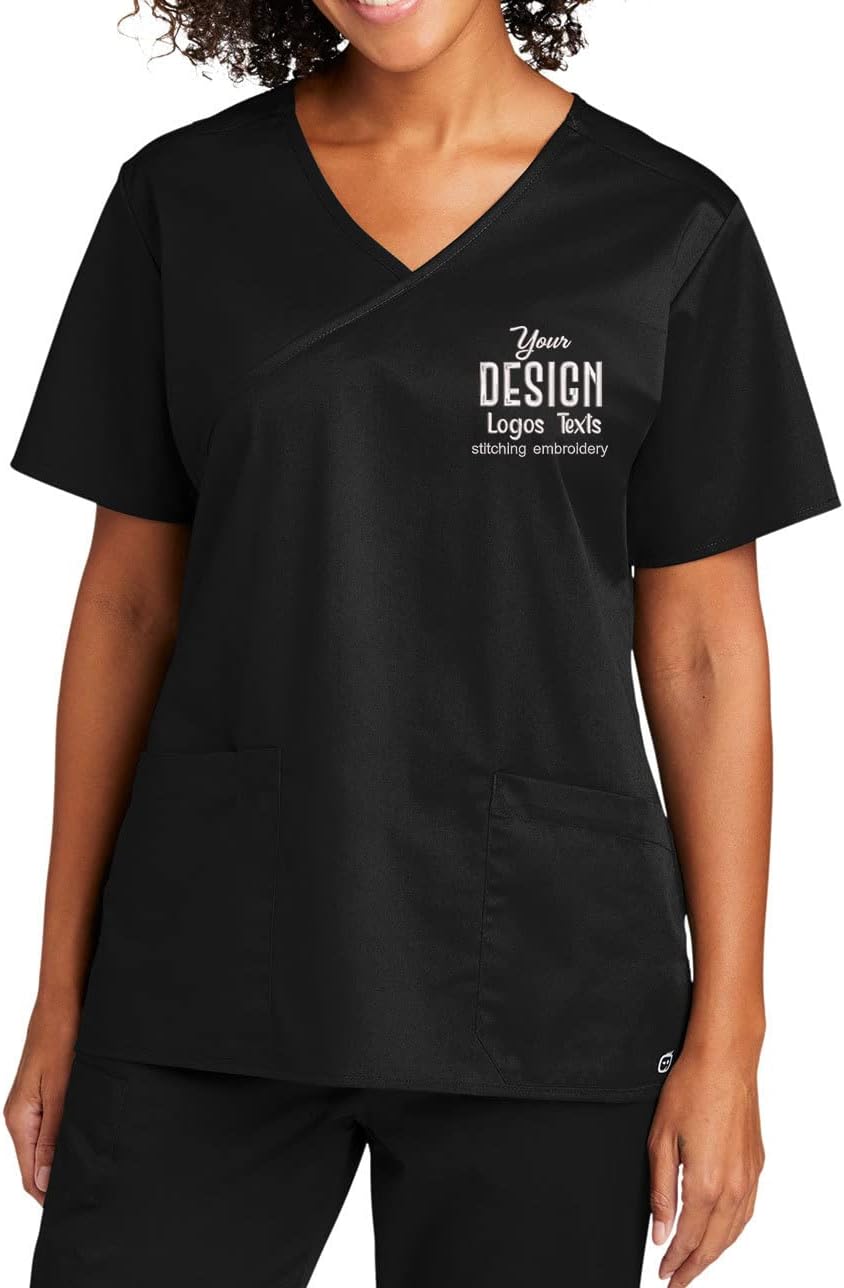 INK STITCH Women Custom WW4760 Women Custom Embroidered Logo Texts V Neck Wrap Scrub Shirts - Multicolors