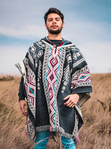 Image of Alpaca Mens Poncho with Hood - Cowboy Serape Western Poncho - Clint Eastwood Poncho for Men - Ecuadorian Cloak with Hood Men