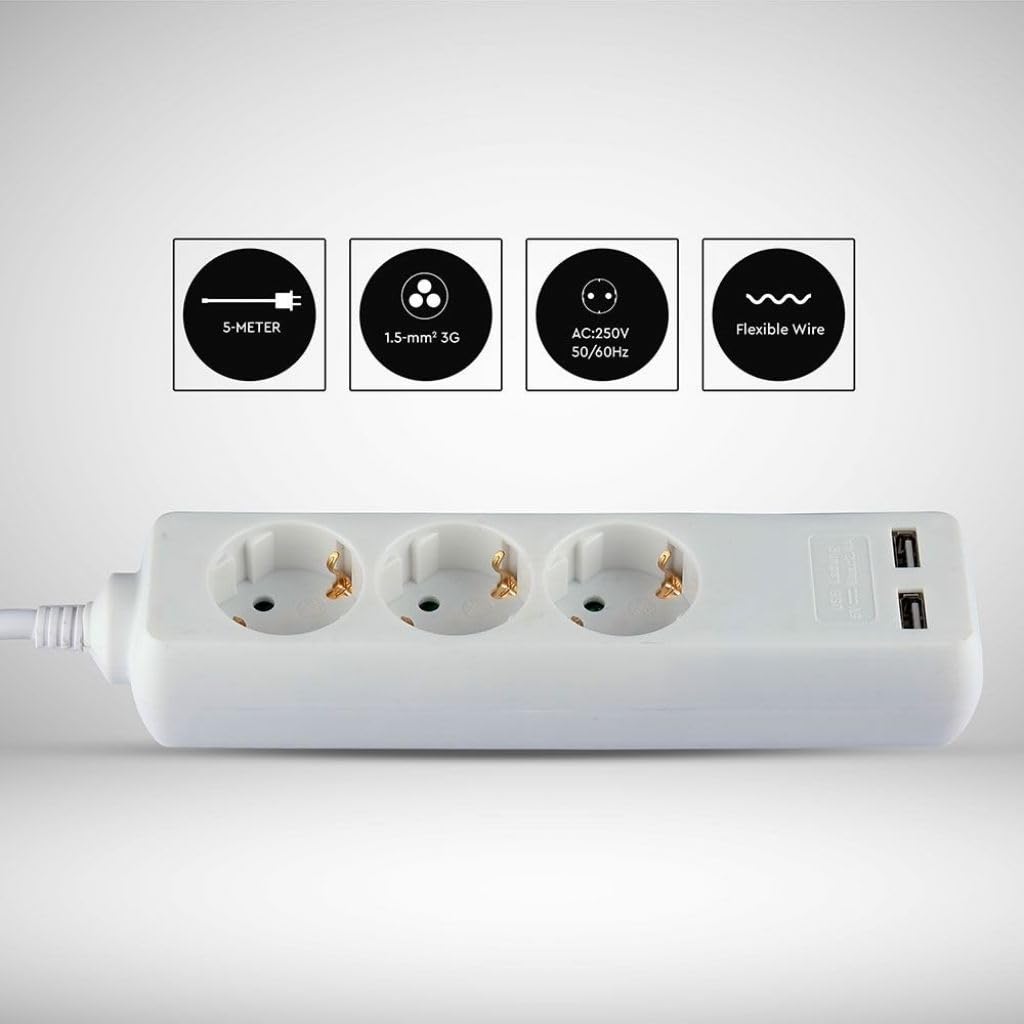 3 Ways Extension Sockets - USB - IP20 - Weiß - 5 m wire