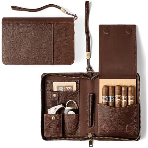 Woodronic Cigar Humidor Case for 5-10 Cigars, Genuine Leather Travel Case with Spanish Cedar Tray, 72% Boveda Pack, Accessory Pockets, Gift for Men Cover