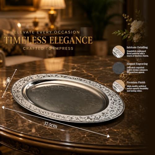 Image of Decorative Oval Metal Tray with Elegant Black Floral Engraved Border | Premium Silver Finish Display Tray for Home Decor, Coffee Table, Dining Table, Centerpiece, Console Table & Gift Item