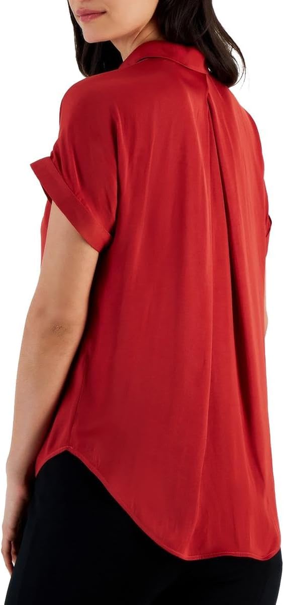 TAHARI T Women's Cuffed Short-Sleeve Collared Top (Fire Brick, X-Large) - Image 2