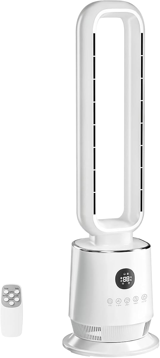 Ventilador sin aspas de 32 pulgadas, ventilador de torre silencioso sin aspas para dormitorio, ventilador de refrigeración portátil inteligente con control remoto, ventilador de torre oscilante de 90° con temporizador de 12 horas, 3 velocidades, 3 modos para el hogar, dormitorio, oficina