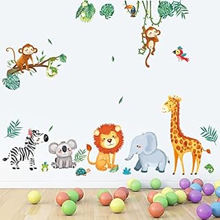 decalmile Jungle Animals Wall Decals Monkey Tree Giraffe Elephant Wall Stickers Baby Nursery Kids Room Living Room Wall Decor