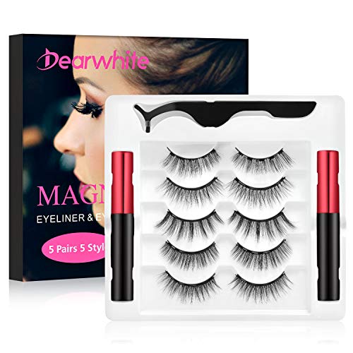 Dearwhite Magnetic Eyelashes With Eyeliner Kit - 2 Tubes Of Magnetic Eyeliner & 5 Pairs of Different Eyelashes - Natural Looking False Lashes Set with Applicator - No Glue