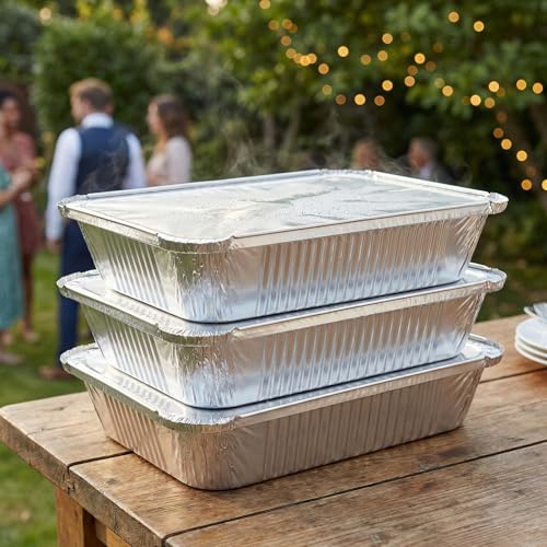 CHIHEUNG 60 Stück Aluschalen mit Deckel 1100ml, Rechteckige Aluminium Behälter, Hitzebeständige Grillschalen Groß, Alu Lebensmittelbehälter für Backen, Grillen, Kochen, 21,5x16x5cm