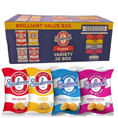 Seabrook Classic Variety Crisps Box | 20 Packs Total | Sea Salted | Cheese & Onion | Salt & Vinegar | Prawn Cocktail | 20 x 25g