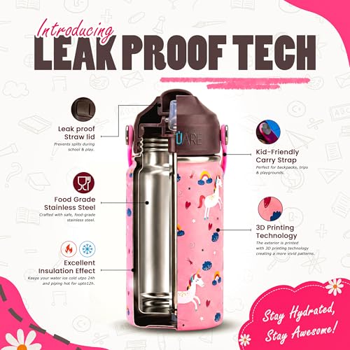 Image of Rioware Kids Insulated Stainless Steel Water Bottle 350ml | Double Wall Vacuum | 24 Hrs Cold & 12 Hrs Hot | Leakproof Flip Top with Straw | BPA-Free | School Bottle with Carry Loop (350 Ml, Pink)