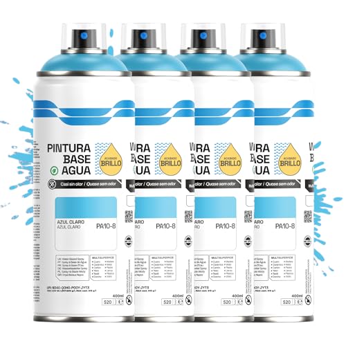 Etrexonline Pintura Spray Ecológica 400ml - Base Agua, Sin Olor - Para Muebles, Metal, Plástico y Madera - Colores Vivos y Permanentes, Cobertura Uniforme - Azul Claro, 4 unidades