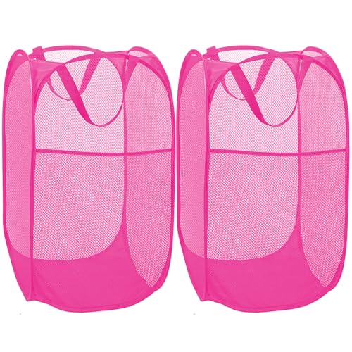 Image of 2 Pack Sturdy Mesh Pop up Laundry Hamper Basket with Side Pocket for Laundry Room, Bathroom, Kids Room, College Dorm or Travel Blush
