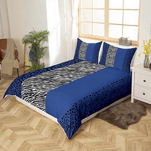 Navy Blue Leopard Comforter Cover Zebra Cheetah Print Bedding Sets Stripes Patchwork Duvet Cover Set For Kids Girls Women Safari Animal Skin Print Bedspreads Cover With 2 Pillow Cases King Size #TOP2