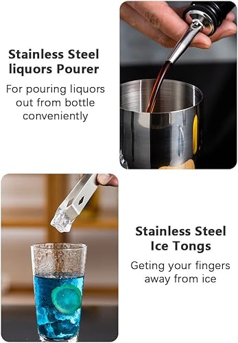 Miniatura 8 de Juego de 14 piezas de coctelera mixología con coctelera Boston, jigger, vertedero, trituradora de hielo, pinzas de hielo, cuchara de mezcla,