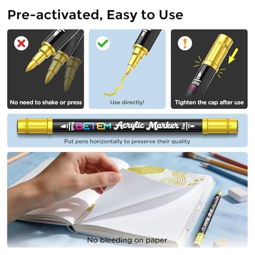 Image of Betem 2 Gold Metallic Paint Markers for Glass, Dual Tip Acrylic Paint Pen