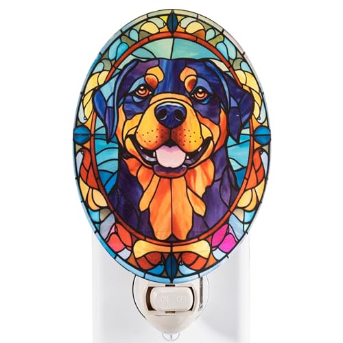 Image of Dog Night Light Rottweiler, Stained Glass Styled Plug-in Wall Nightlight, Bulb Included, Pet Memorial Dog Lover Gift, Bedroom Hallway Bathroom Decor, Manual On /Off Switch